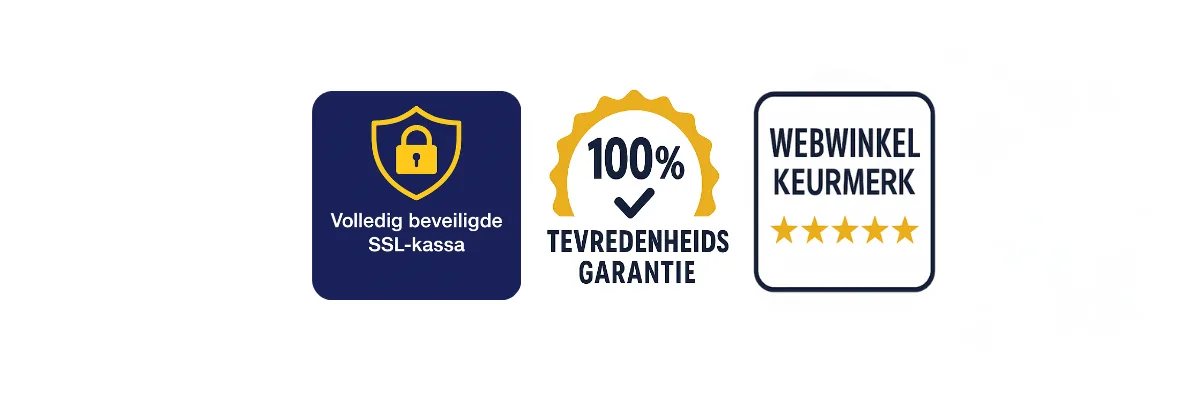 Trust badges: beveiligde SSL-kassa, tevredenheidsgarantie, Webwinkel Keurmerk